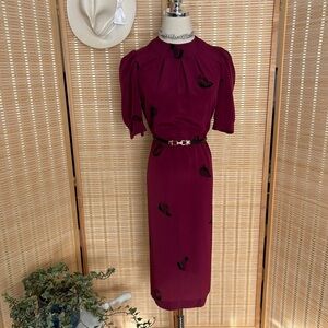 Vintage Burgundy Midi Dress with Black Leaf Accents size XS